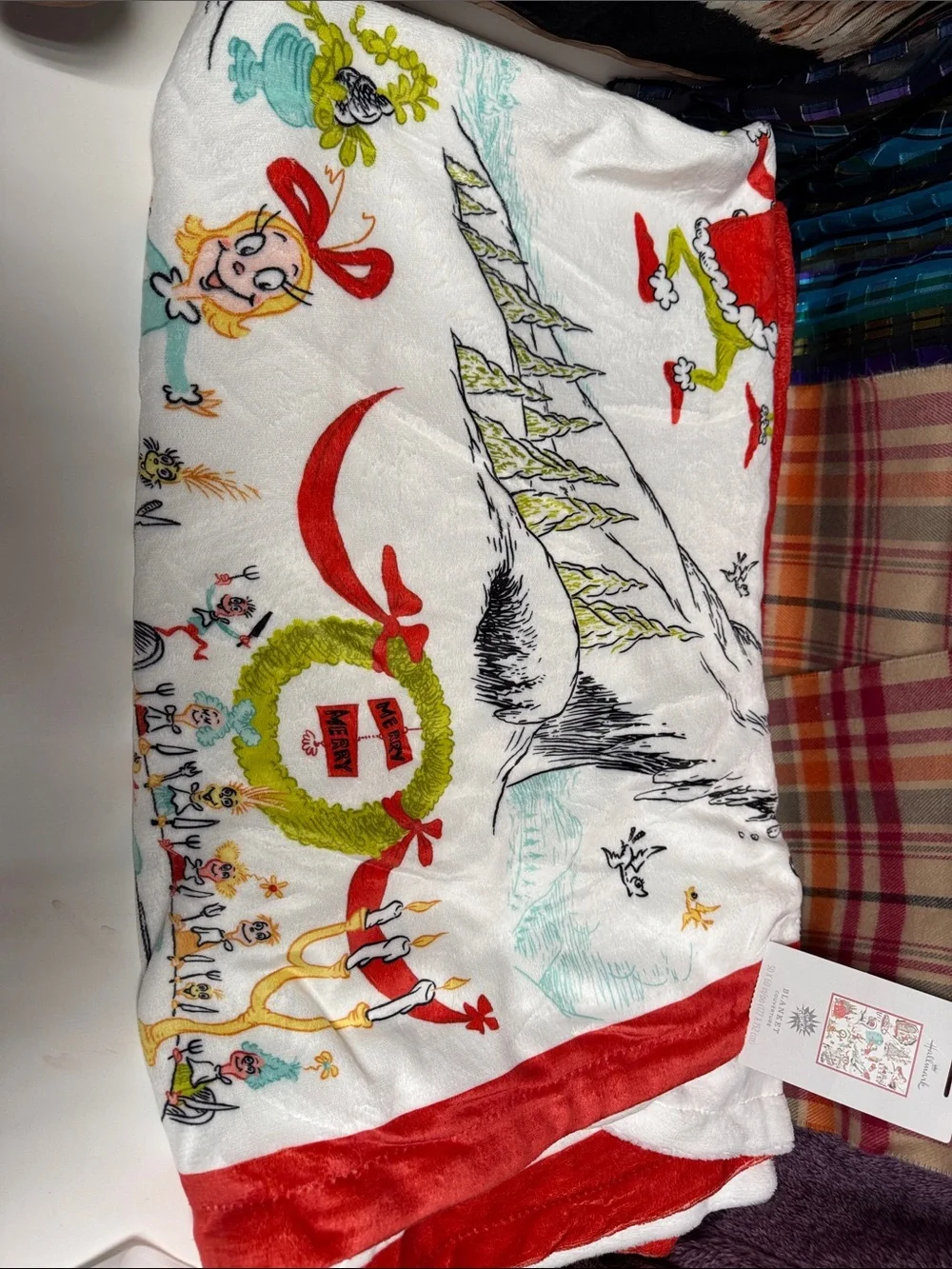 Hallmark Grinch Holiday Blanket in Red, White, Green and Tan